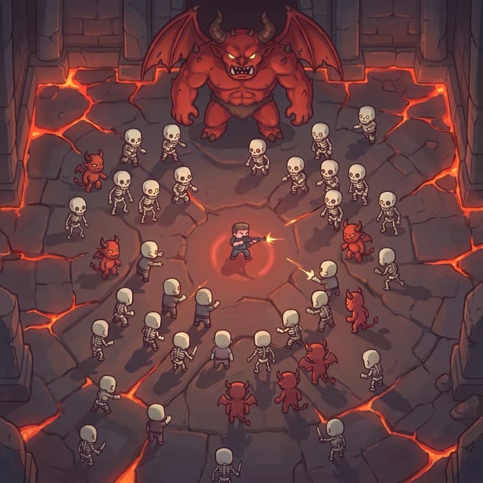Top-down view of the Demon Boss arena: a cracked floor split by glowing lava, white skeletons and red imps circling, the winged red demon waiting at the top.