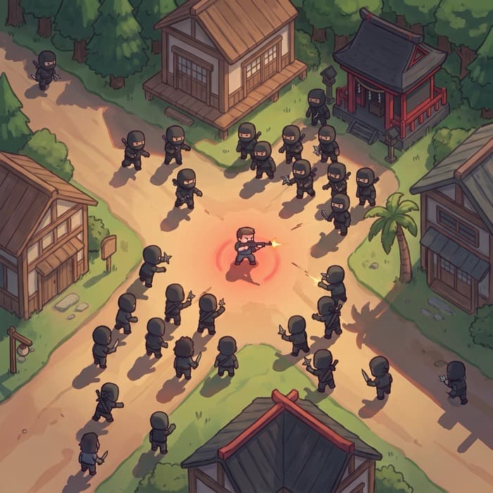 Top-down view of the Ninjas arena: a village of tiled roofs and a shrine gate at dusk, black-clad ninjas closing in from every street.