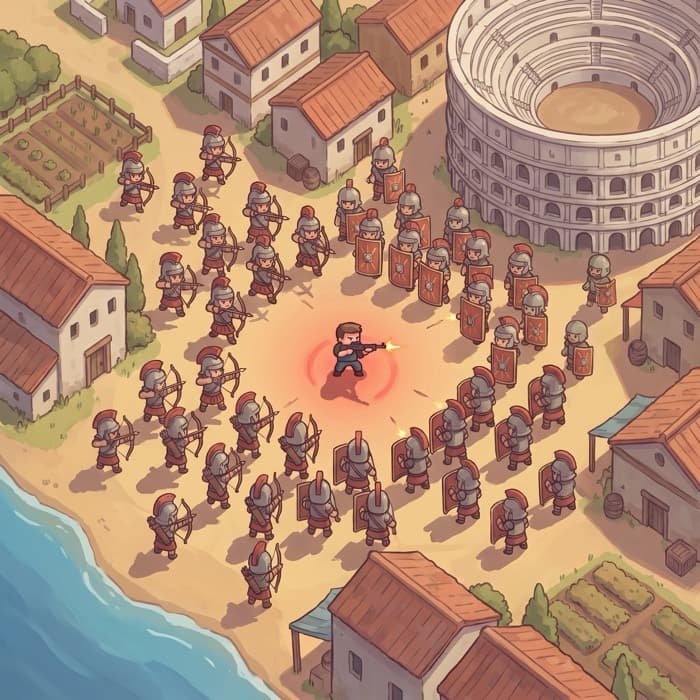 Top-down view of the Romans 2 arena: a roman town with the colosseum behind it, legionaries crossing open sand toward the soldier.