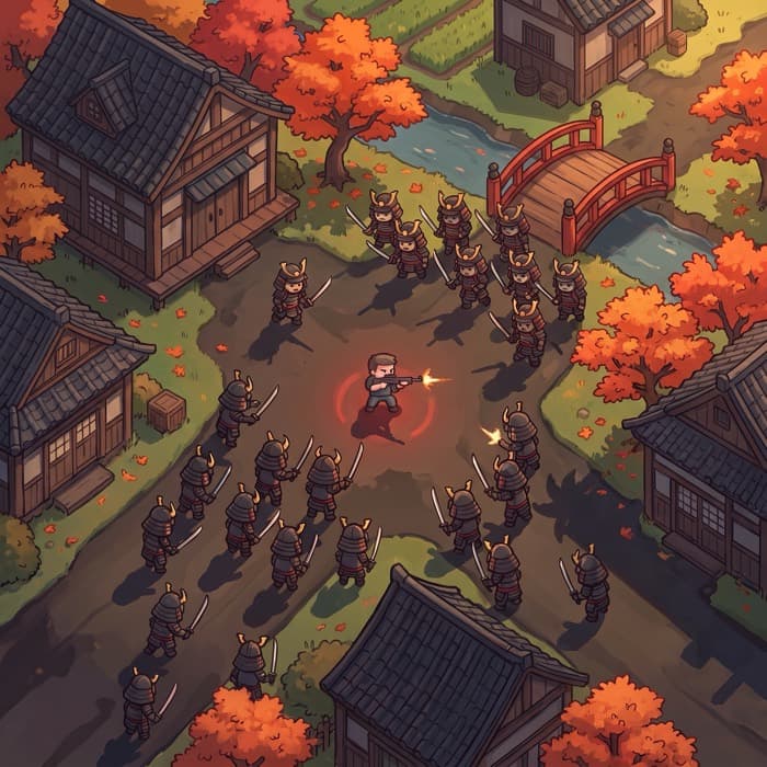 Top-down view of the Samurai arena: an autumn courtyard of red maples and a arched bridge beside dark timber halls, armoured figures converging on the soldier.