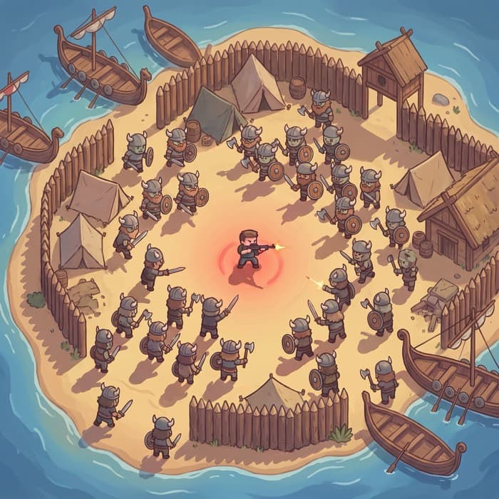 Top-down view of the Vikings 1 arena: a beach camp ringed by a wooden palisade with longships pulled up on the sand, the soldier firing at the centre as horned-helmet vikings close in.