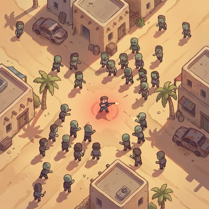 Top-down view of the Zombies 1 arena: a sunlit desert town of flat-roofed houses, palms and abandoned cars, zombies shambling toward the soldier.
