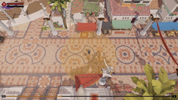 Gameplay on desktop: the top-down HUD over a roman courtyard, health and XP bars at the top and the weapon bar along the bottom.